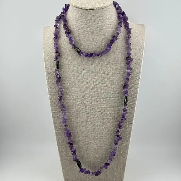Tumbled Amethyst Necklace Single Strand Sterling Silver Beads 38" L Purple VTG - Picture 3 of 12
